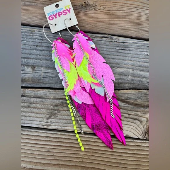 Keep It Gypsy Long Feather Earrings – Neon Pink & Yellow Western Boho Cowgirl - Picture 7 of 7